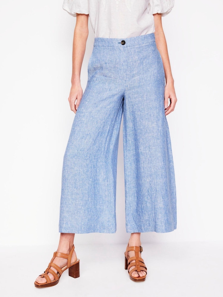 Boden Blue Wide Crop Linen 100% Cotton Trousers - Image 2 of 5