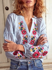 Boden Blue Raglan Embroidered 100% Cotton Top - Image 2 of 5