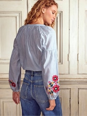 Boden Blue Raglan Embroidered 100% Cotton Top - Image 3 of 5