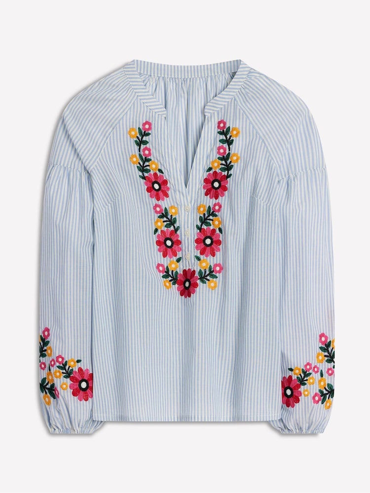 Boden Blue Raglan Embroidered 100% Cotton Top - Image 5 of 5