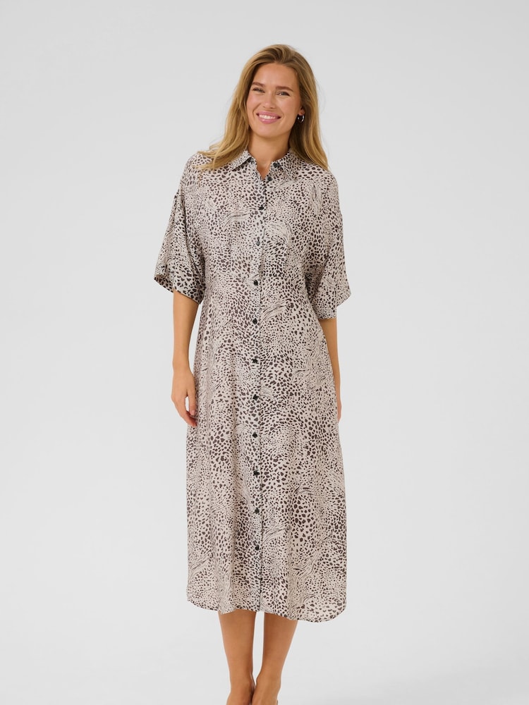 Kaffe Natural KAdebra Short Sleeve Midi Shirt Dress - Image 1 of 4