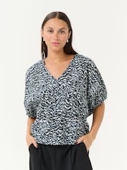 Kaffe Blue KAruffalo V-Neck Short Sleeve 100% Cotton Blouse - Image 1 of 6