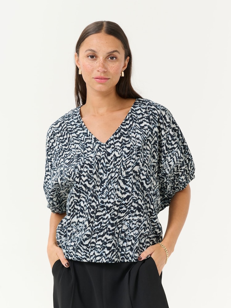 Kaffe Blue KAruffalo V-Neck Short Sleeve 100% Cotton Blouse - Image 1 of 6 Kaffe Blue KAruffalo V-Neck Short Sleeve 100% Cotton Blouse - Image 1 of 6