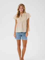 Kaffe Natural KAkarli Short Sleeve V-Neck 100% Cotton Blouse - Image 2 of 4