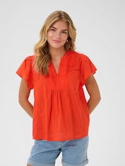 Kaffe Red KAkarli Cap Sleeves V-Notch Neck 100% Cotton Blouse - Image 1 of 5