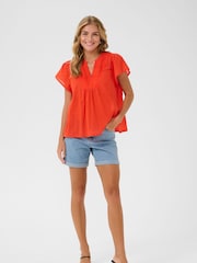 Kaffe Red KAkarli Cap Sleeves V-Notch Neck 100% Cotton Blouse - Image 2 of 5
