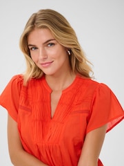 Kaffe Red KAkarli Cap Sleeves V-Notch Neck 100% Cotton Blouse - Image 3 of 5