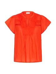 Kaffe Red KAkarli Cap Sleeves V-Notch Neck 100% Cotton Blouse - Image 4 of 5
