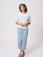 Kaffe Blue KAlizza Short Sleeve Striped Pullover Sweater - Image 1 of 6