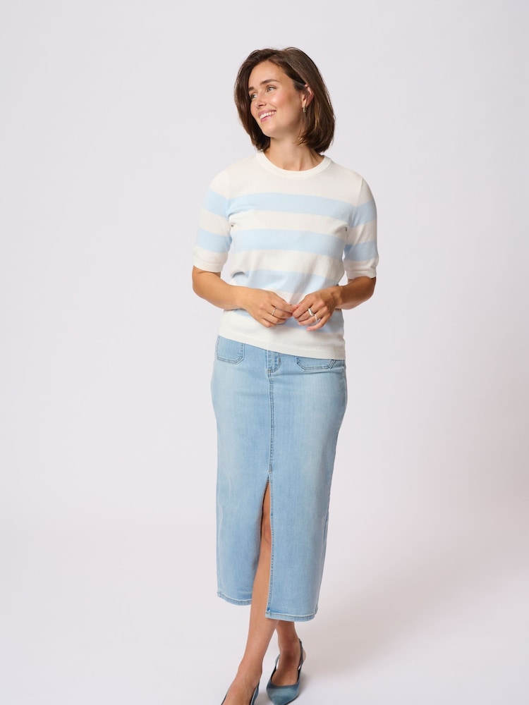 Kaffe Blue KAlizza Short Sleeve Striped Pullover Sweater - Image 1 of 6