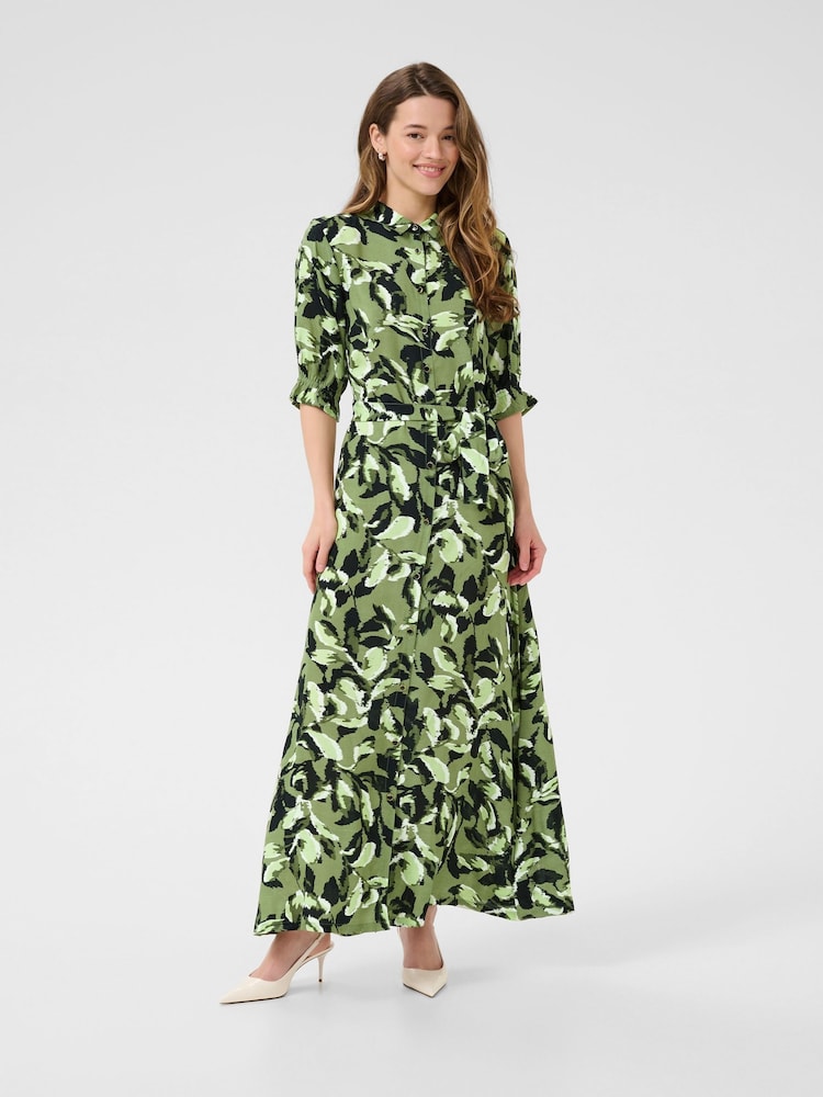 Kaffe Green KAvelana 3/4 Sleeve Maxi Shirt Dress - Image 1 of 4 Kaffe Green KAvelana 3/4 Sleeve Maxi Shirt Dress - Image 1 of 4