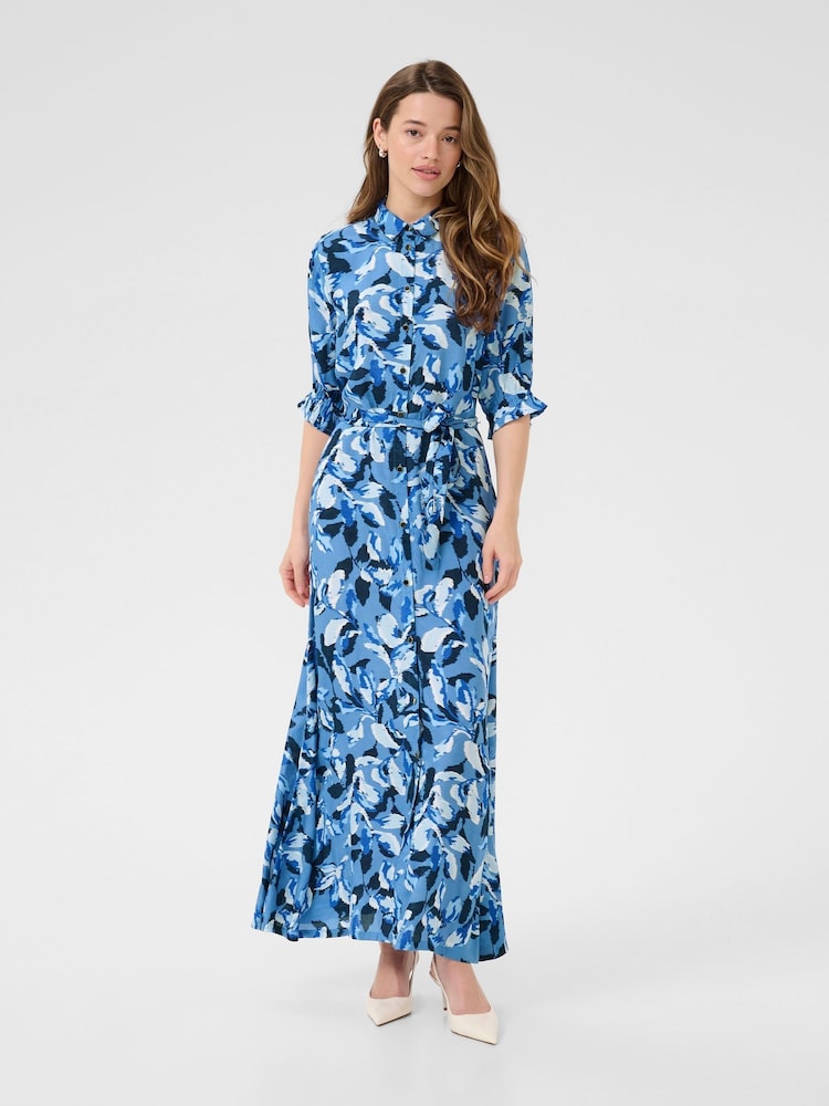 Kaffe Blue KAvelana 3/4 Sleeve Maxi Shirt Dress - Image 1 of 5