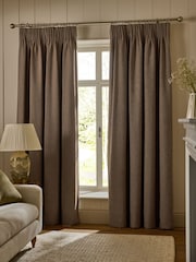 Tan Brown Brushed Herringbone Pencil Pleat Blackout Thermal Curtains - Image 1 of 5