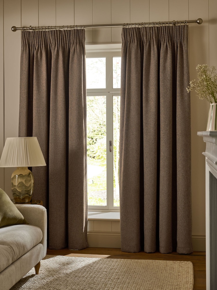 Tan Brown Brushed Herringbone Pencil Pleat Blackout Thermal Curtains - Image 1 of 5 Tan Brown Brushed Herringbone Pencil Pleat Blackout Thermal Curtains - Image 1 of 5
