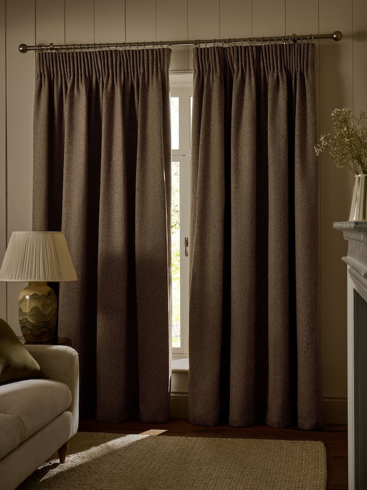 Tan Brown Brushed Herringbone Pencil Pleat Blackout Thermal Curtains - Image 2 of 5 Tan Brown Brushed Herringbone Pencil Pleat Blackout Thermal Curtains - Image 2 of 5