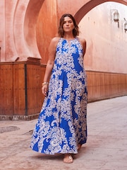 Live Unlimited Blue Curve Floral Print Halter Neck Midi Dress - Image 1 of 6