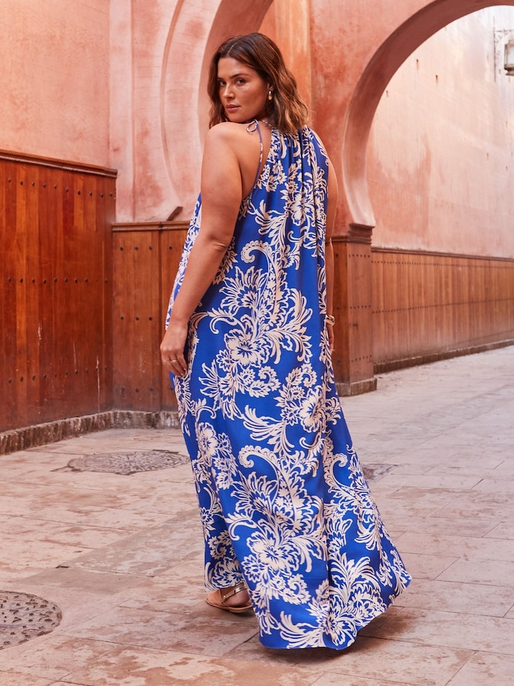 Live Unlimited Blue Curve Floral Print Halter Neck Midi Dress - Image 2 of 6