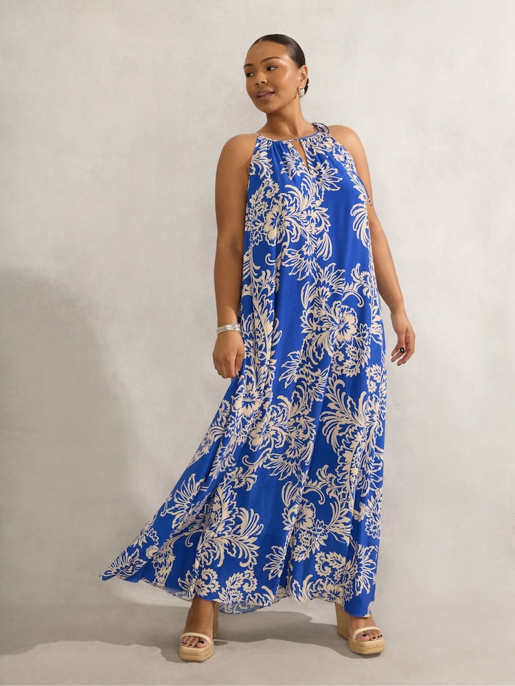 Live Unlimited Blue Curve Floral Print Halter Neck Midi Dress - Image 3 of 6