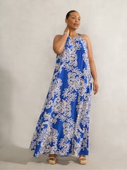 Live Unlimited Blue Curve Floral Print Halter Neck Midi Dress - Image 4 of 6