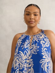 Live Unlimited Blue Curve Floral Print Halter Neck Midi Dress - Image 5 of 6