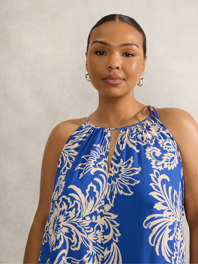 Live Unlimited Blue Curve Floral Print Halter Neck Midi Dress - Image 5 of 6