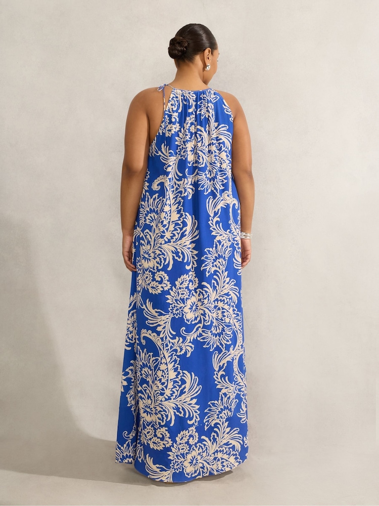 Live Unlimited Blue Curve Floral Print Halter Neck Midi Dress - Image 6 of 6