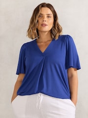 Live Unlimited Blue Curve Leaf Print Jersey Pleat Front Flutter Sleeve Top - Image 1 of 3