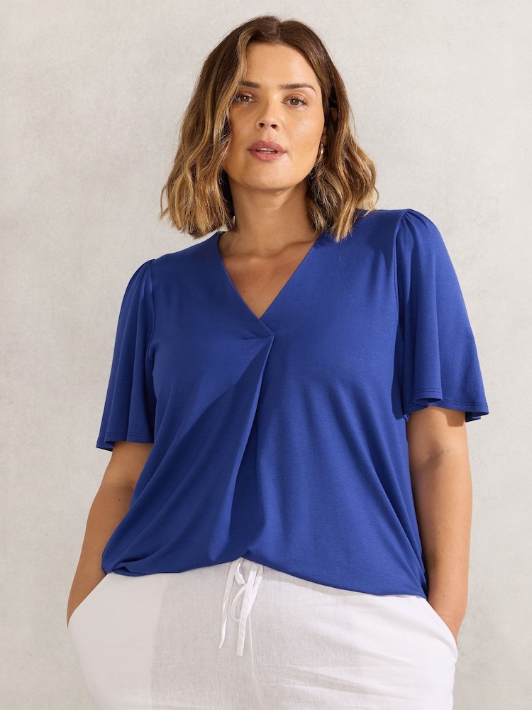 Live Unlimited Blue Curve Leaf Print Jersey Pleat Front Flutter Sleeve Top - Image 1 of 3