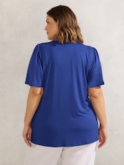 Live Unlimited Blue Curve Leaf Print Jersey Pleat Front Flutter Sleeve Top - Image 2 of 3