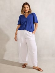 Live Unlimited Blue Curve Leaf Print Jersey Pleat Front Flutter Sleeve Top - Image 3 of 3