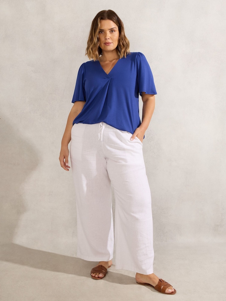 Live Unlimited Blue Curve Leaf Print Jersey Pleat Front Flutter Sleeve Top - Image 3 of 3