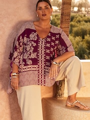 Live Unlimited Purple Curve Magenta Bandana Print Chiffon V-Neck Top - Image 1 of 6
