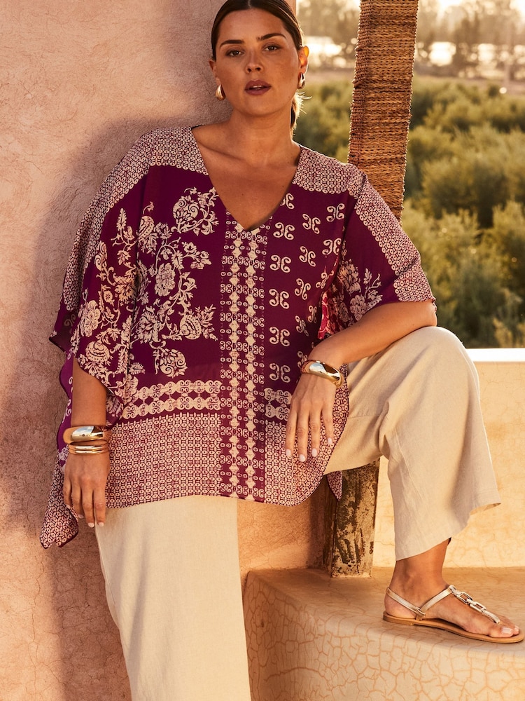 Live Unlimited Purple Curve Magenta Bandana Print Chiffon V-Neck Top - Image 1 of 6