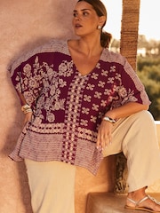 Live Unlimited Purple Curve Magenta Bandana Print Chiffon V-Neck Top - Image 2 of 6
