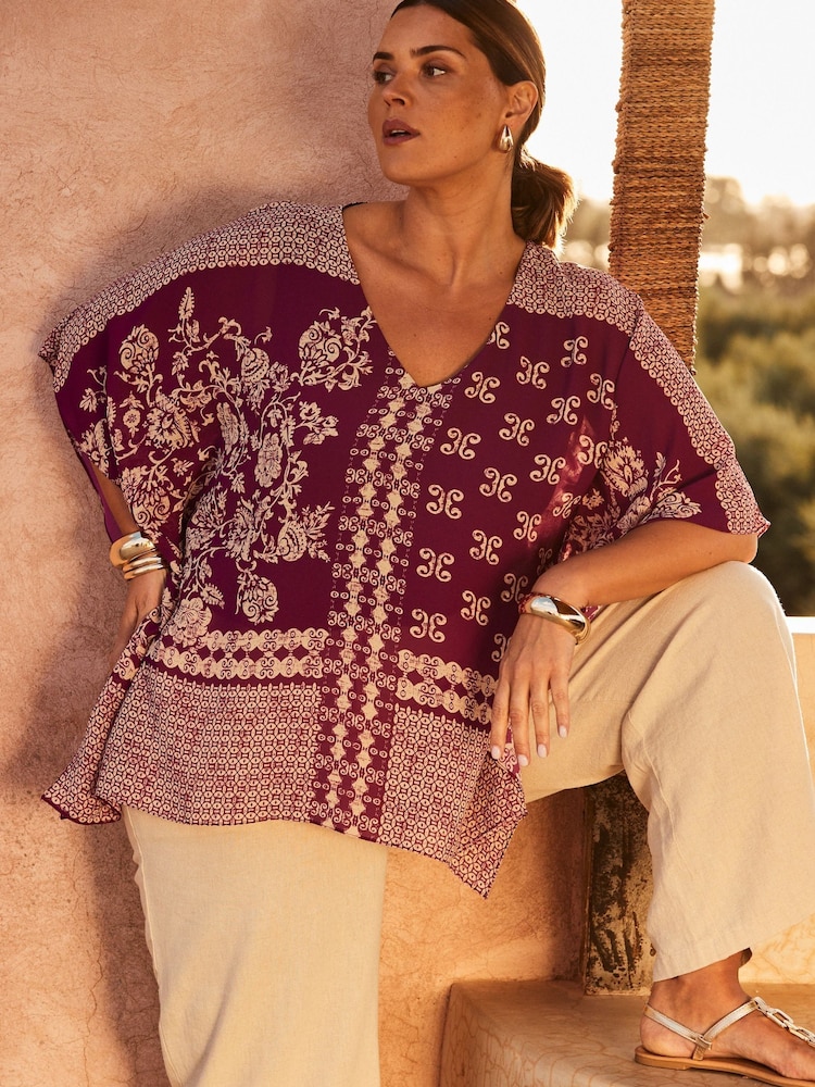 Live Unlimited Purple Curve Magenta Bandana Print Chiffon V-Neck Top - Image 2 of 6