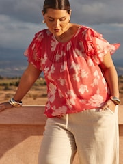 Live Unlimited Pink Curve Floral Print Ruffle Overlay Blouse - Image 1 of 5
