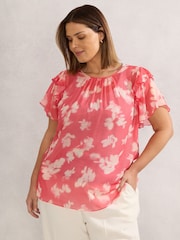Live Unlimited Pink Curve Floral Print Ruffle Overlay Blouse - Image 3 of 5