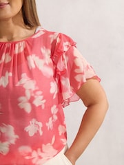 Live Unlimited Pink Curve Floral Print Ruffle Overlay Blouse - Image 4 of 5