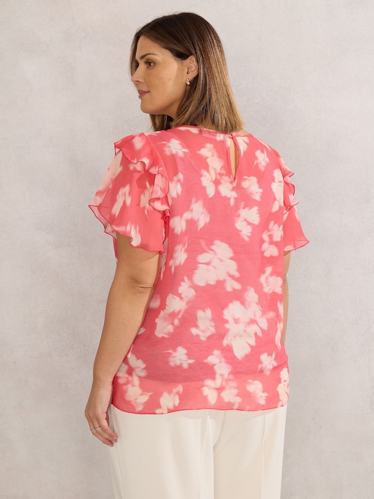 Live Unlimited Pink Curve Floral Print Ruffle Overlay Blouse - Image 5 of 5