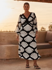 Live Unlimited Black Curve Shell Print Flared Sleeve Maxi Dress - Image 1 of 5