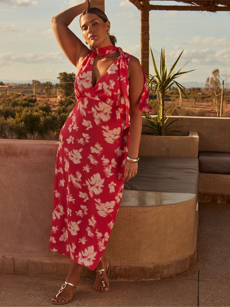 Live Unlimited Curve Floral Print Sleeveless Midi Dress with Neck Scarf - Изображение 1 из 6
