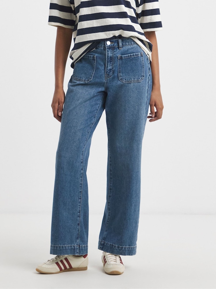 Simply Be Blue 100% Cotton Front Pocket Detail Flared Jeans - Image 1 of 4