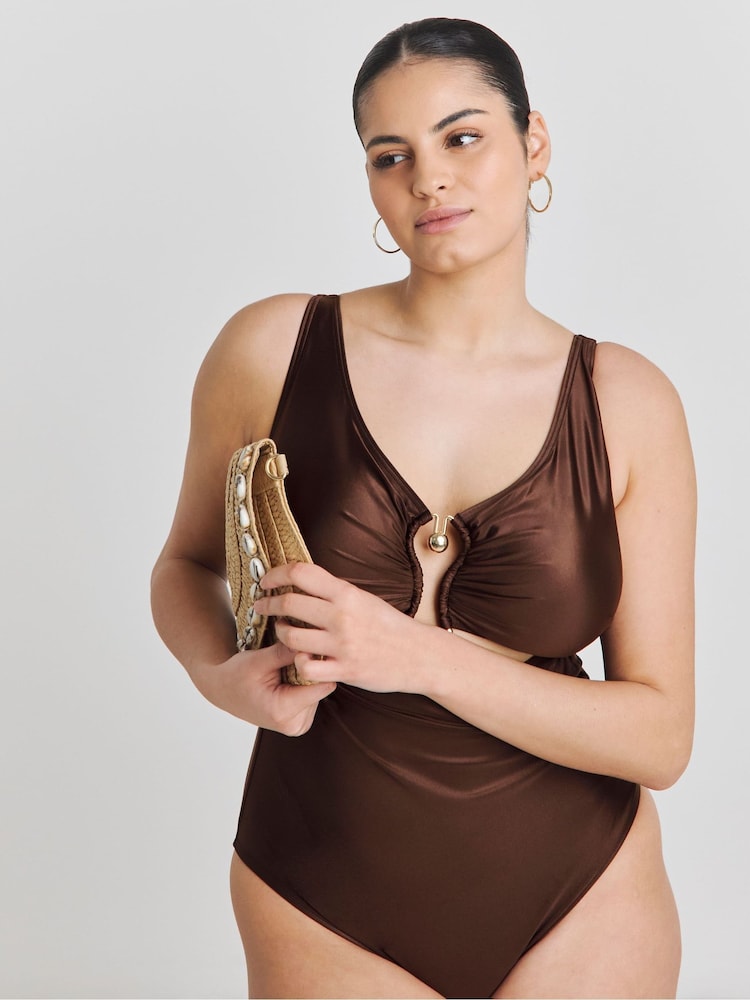 Simply Be Brown Trim Detail Swimsuit - Image 2 of 4 Simply Be Brown Trim Detail Swimsuit - Image 2 of 4