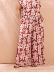 Evans Orange Block Print Shirred Trousers - Image 1 of 5