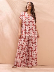 Evans Orange Block Print Shirred Trousers - Image 2 of 5
