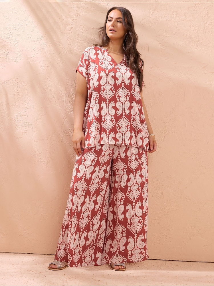 Evans Orange Block Print Shirred Trousers - Image 2 of 5