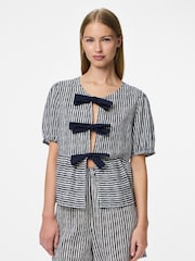 PIECES White Stripe Bow Detail Blouse - Image 1 of 3