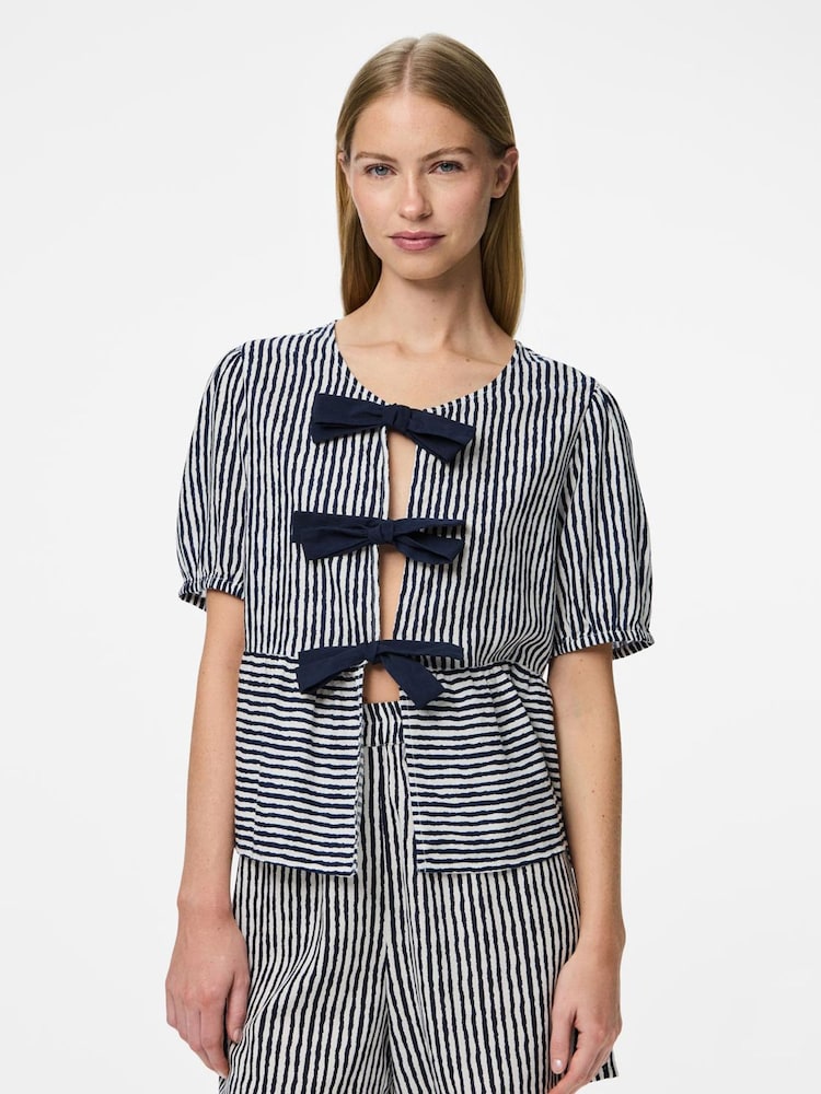 PIECES White Stripe Bow Detail Blouse - Image 1 of 3