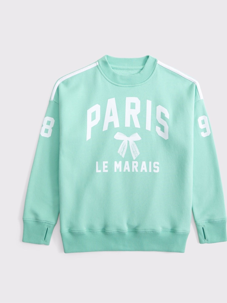 Abercrombie & Fitch Green Cropped Graphic Print Off The Shoulder Jumper - Image 2 of 3