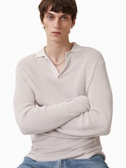 AllSaints Natural Thoma Long Sleeve 100% Organic Cotton Polo Shirt - Image 1 of 7